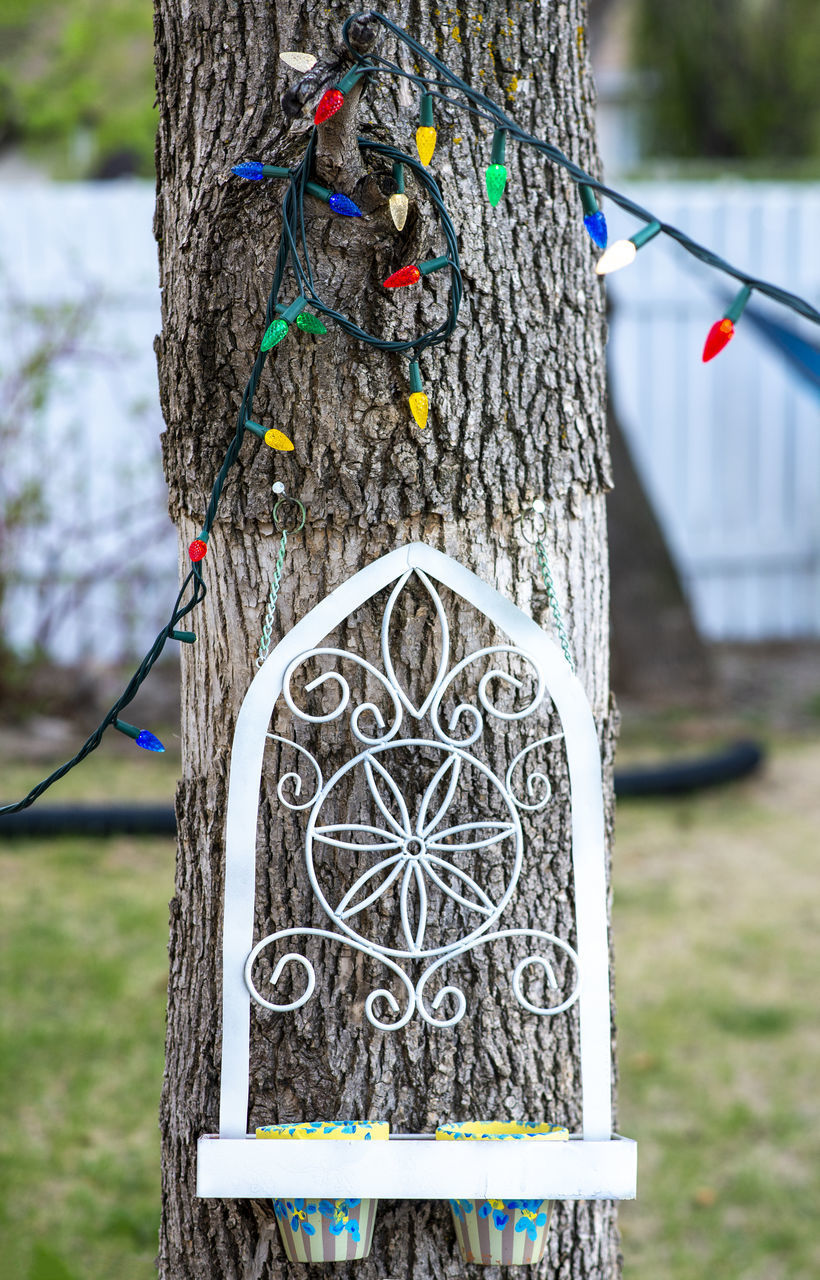 CLOSE-UP OF DECORATION HANGING ON TREE