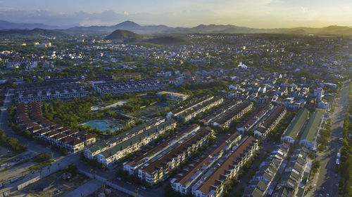 High angle shot of townscape against sky