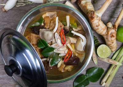 High angle view of soup in bowl