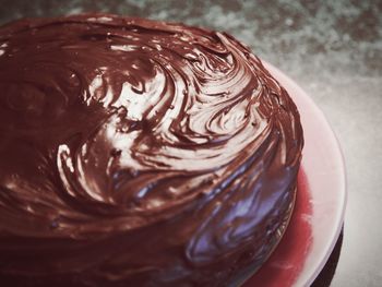 High angle view of chocolate cake on table