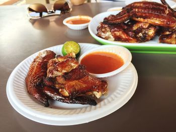 High angle view of food in plate on table