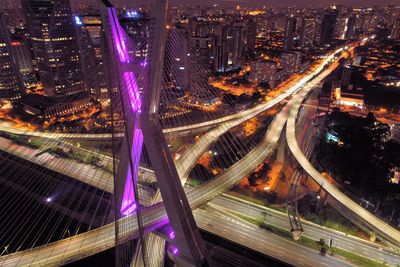 High angle view of illuminated city at night