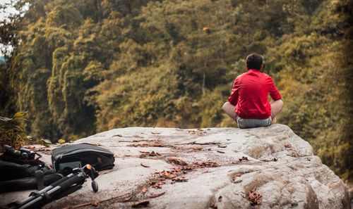 Rear view of man sitting on cliff in forest