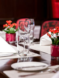 View of wine glasses on table in restaurant