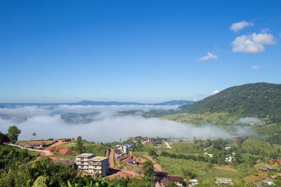 High angle view of buildings against sky