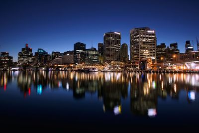 Reflection of illuminated buildings in river at night