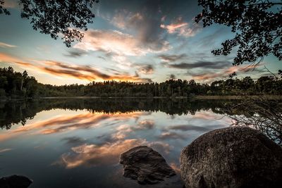 Scenic view of calm lake at sunset