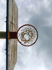Low angle view of wooden post against sky