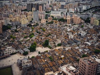 High angle view of residential district and buildings in city