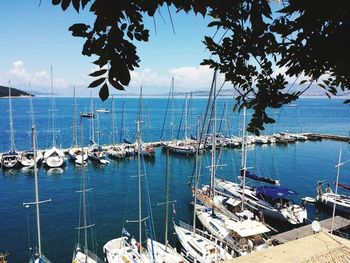 Boats moored in sea against sky