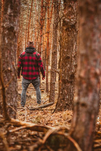 Rear view of man standing by tree trunk in forest