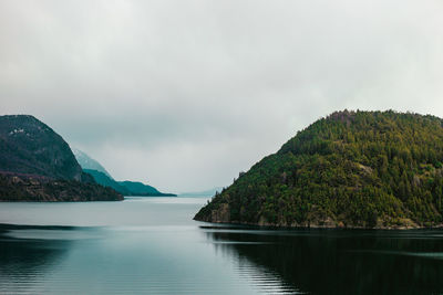 Scenic view of sea and mountains against sky