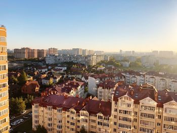 High angle view of townscape against clear sky