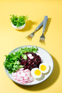 A dietary dish made from vegetables. beet tartare, radish, frieze salad and boiled egg on a plate 