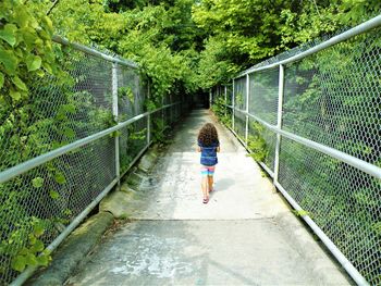 Rear view of woman on footbridge