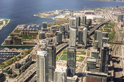 View of cityscape by river