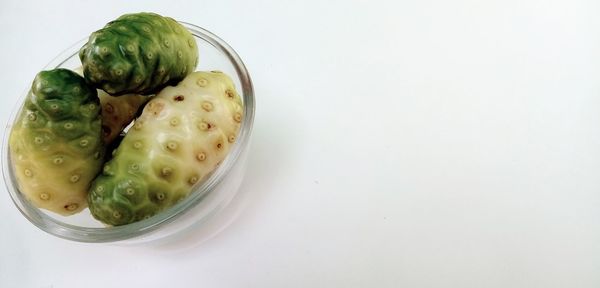 High angle view of fruits in bowl on table