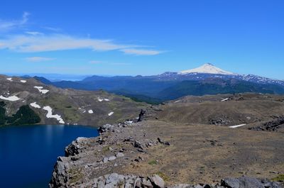 Scenic view of mountains against blue sky