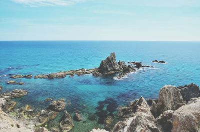 Scenic view of sea against blue sky