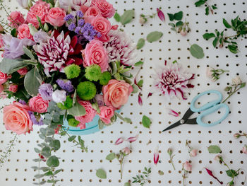 High angle view of pink roses on table