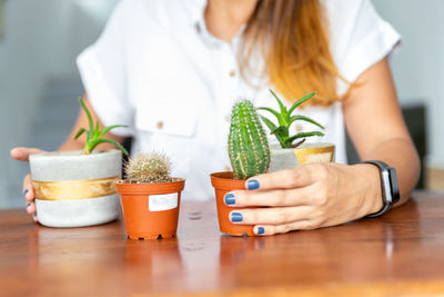 Midsection of woman holding ice cream on table