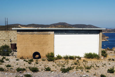 A view of a garage built structure in the island of patmos, greece