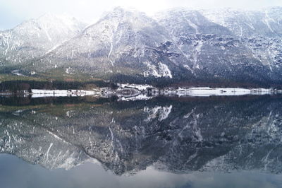 Scenic view of mountains reflecting on lake
