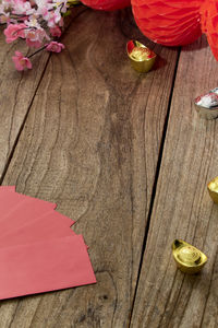 High angle view of red wine on table