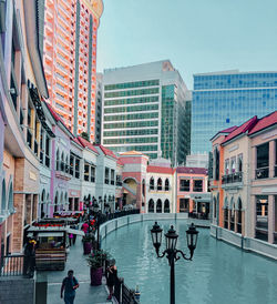 People on modern buildings against sky in city