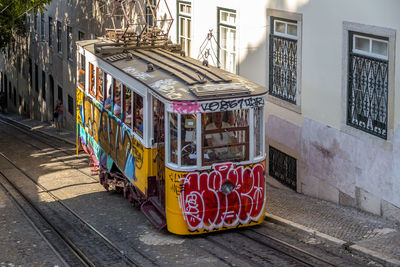 Graffiti on railroad tracks amidst buildings in city