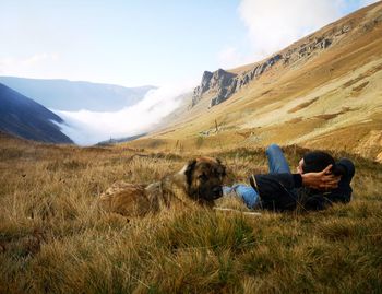 Dog on field by mountains against sky