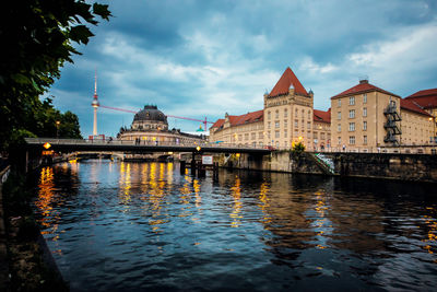 Bridge over river with buildings in background