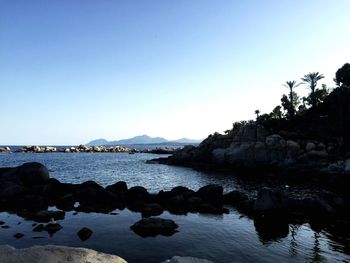 Scenic view of calm sea against clear sky