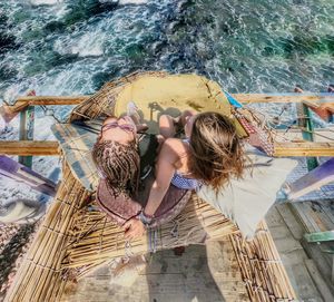 High angle view of people on shore