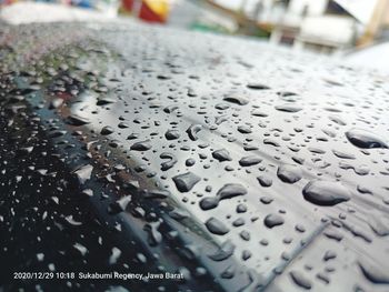 Full frame shot of raindrops on rainy season