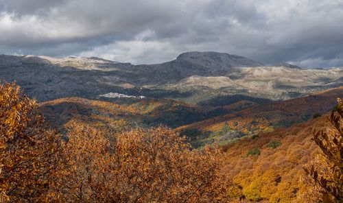 Scenic view of mountains against sky during autumn