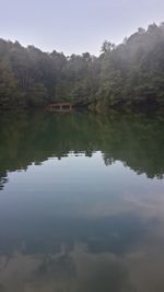 Reflection of trees in lake against sky