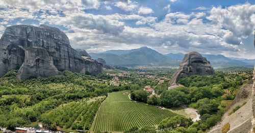 Panoramic view of landscape and mountains against sky