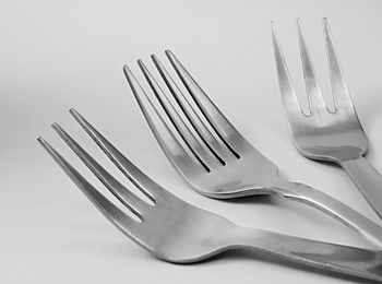 Close-up of fork on table against white background