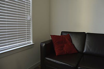 Red cushion on black sofa at home