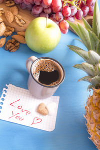 High angle view of drink on table