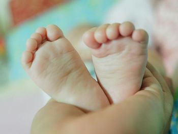 Close-up of cropped hand holding baby