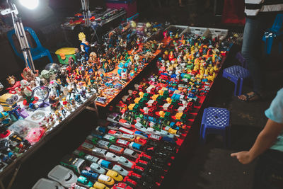 High angle view of various toys for sale in store