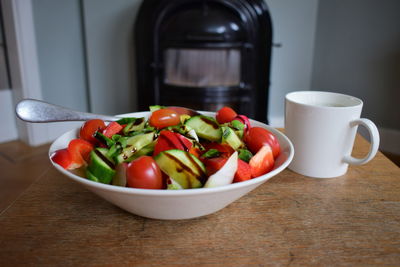 Close-up of salad in bowl on table