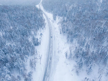 High angle view of snow covered land