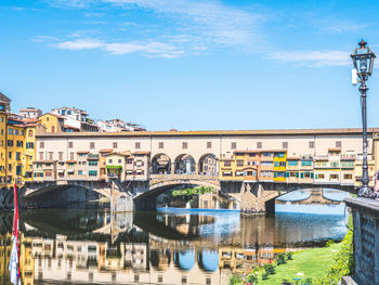 Arch bridge over river against buildings in city