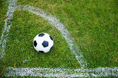 High angle view of soccer ball on field