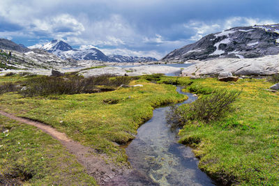 Scenic view of stream amidst green landscape against sky