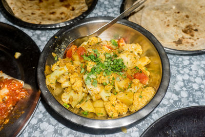 High angle view of food in cooking pan