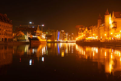 Old town in gdansk at night. the riverside on granary island reflection in moltawa river cityscape